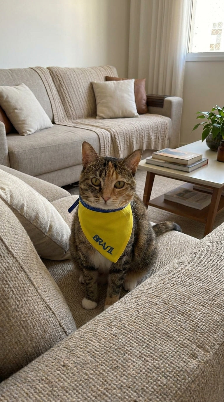 Bandana Pet Brasil Amarela com Detalhe Azul Bordada Modelo Azul Esportivo – Tamanhos P, M e G | Doca Express