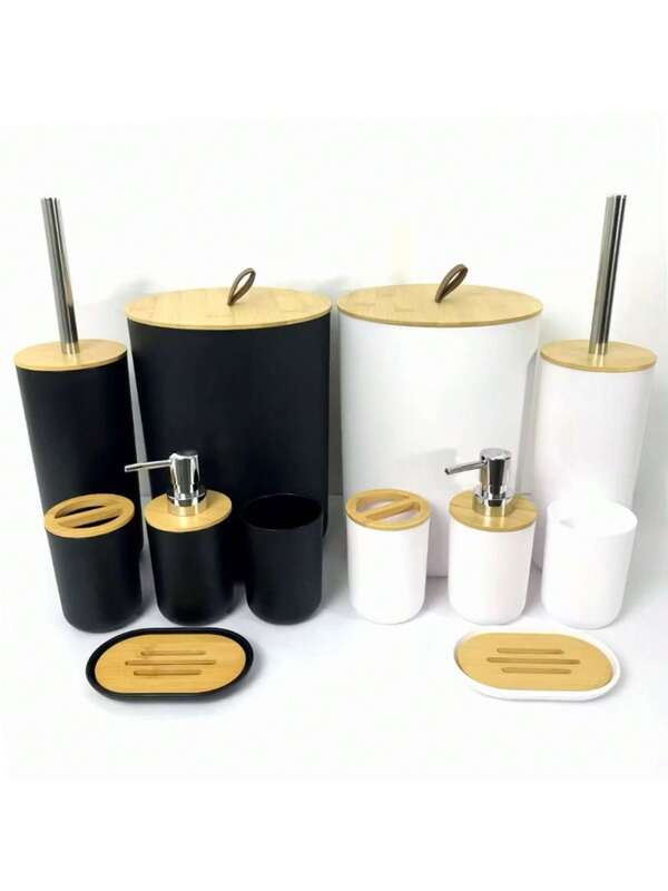 Kit Banheiro Luxo Preto com Bambu – Conjunto de Acessórios 6 ou 4 Peças