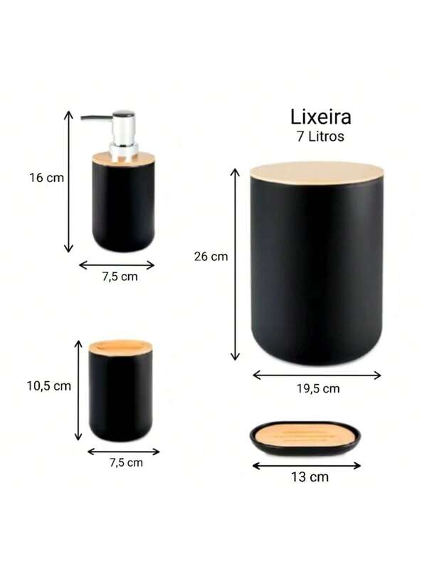 Kit Banheiro Luxo Preto com Bambu – Conjunto de Acessórios 6 ou 4 Peças