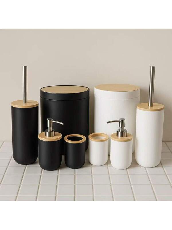 Kit Banheiro Luxo Preto com Bambu – Conjunto de Acessórios 6 ou 4 Peças