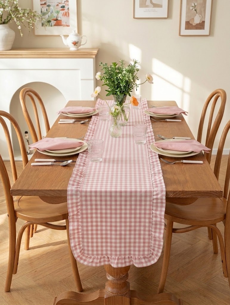 Kit Mesa Posta Provençal Rosa Chá com Caminho de Mesa de Babados