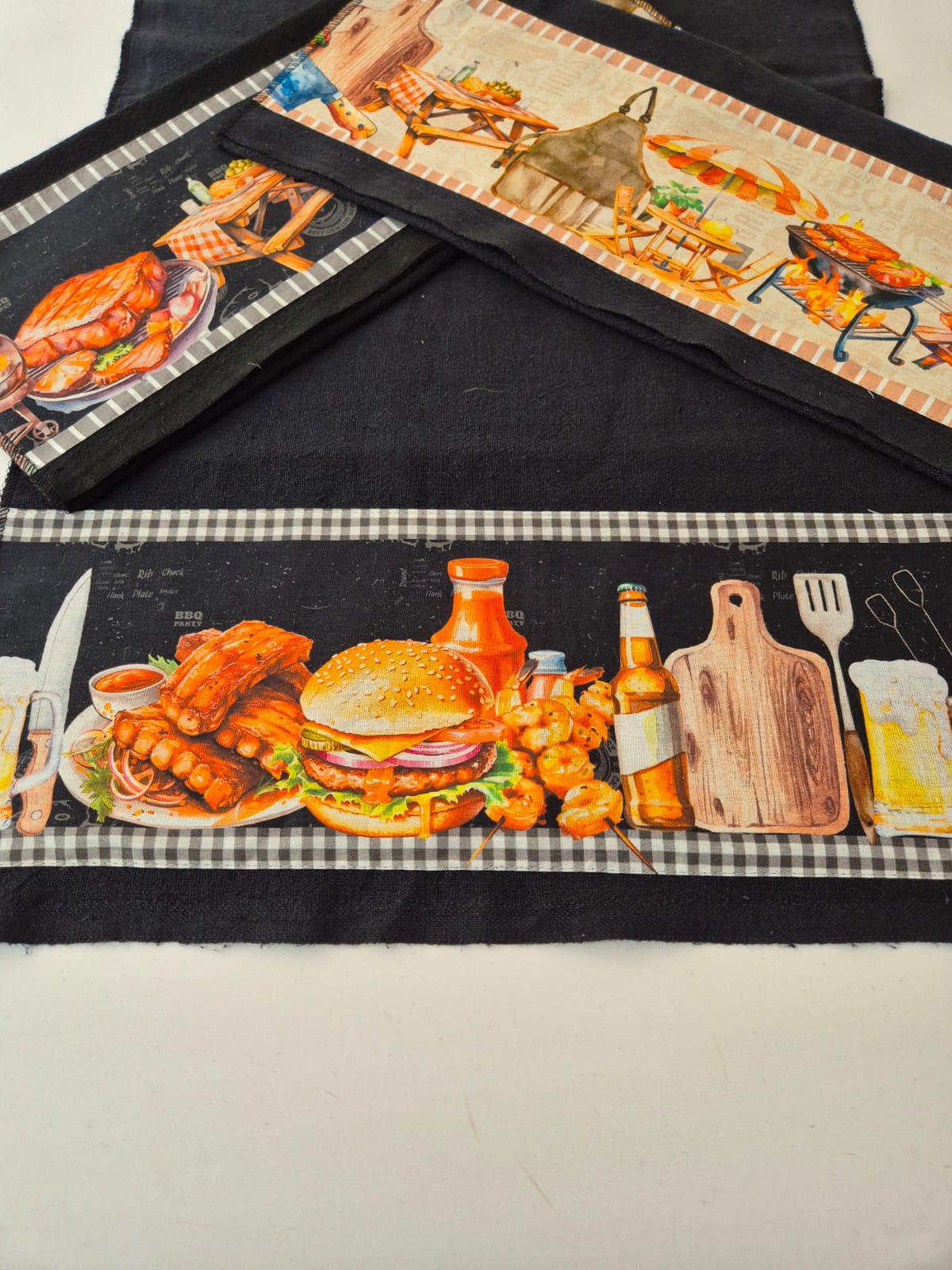 Kit com 3 Panos de Cozinha Pretos 100% Algodão 70x40cm com Barrado Digital Churrasco – Alta Qualidade - Doca Express