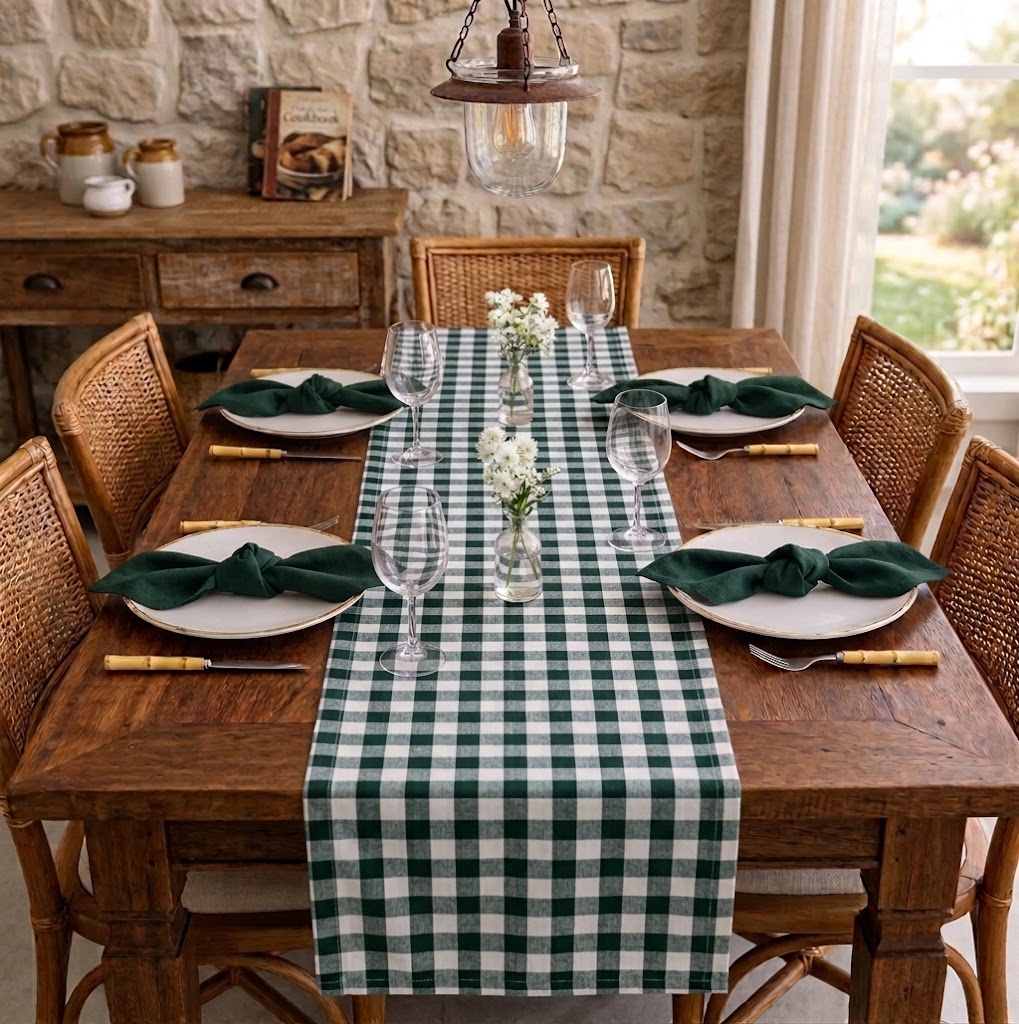 Kit mesa posta xadrez verde pinheiro com caminho de mesa e guardanapos coordenados.