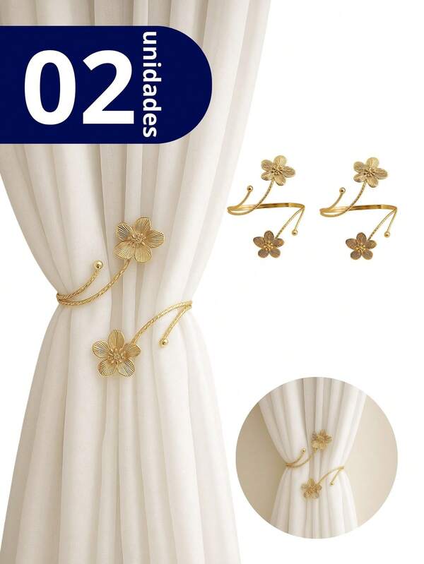 Kits 2 Prendedores de Cortina Flor em Aço Inoxidável - Abraçadeira Decorativa Luxo - Dourada e Prateada - Doca Express Cortinas