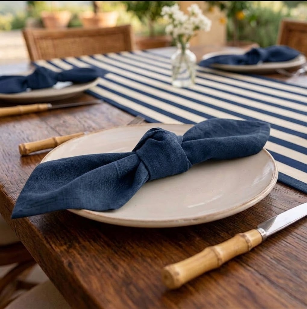 Mesa Posta Mediterrânea com Caminho de Mesa 30x200 cm e Guardanapos Coordenados