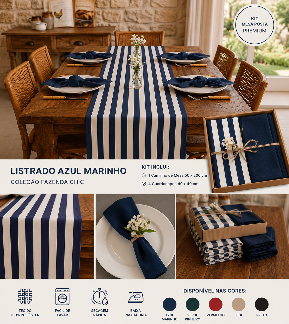 Mesa de Jantar Rústica Decorada com Caminho de Mesa Listrado Azul Marinho Premium Doca Express