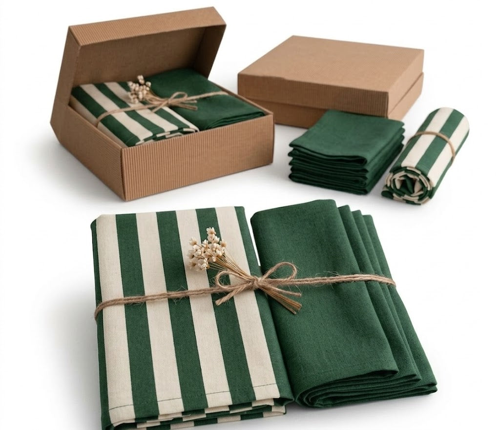Mesa de Jantar Rústica Decorada com Caminho de Mesa Listrado Verde Premium Doca Express