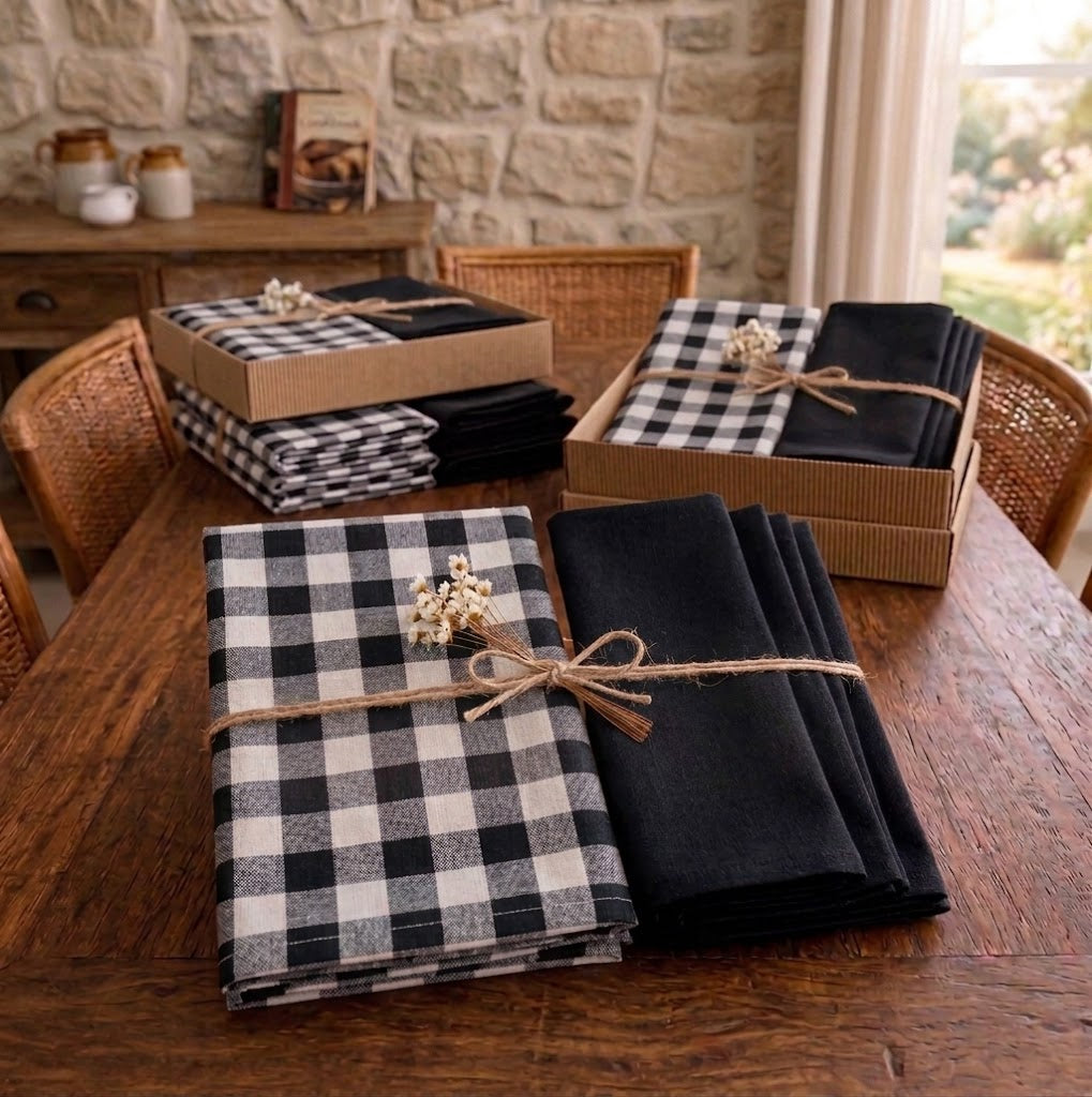 Mesa posta elegante com caminho de mesa xadrez e guardanapos para jantar especial.