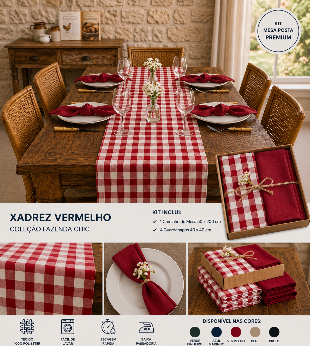Mesa posta elegante com caminho de mesa xadrez e guardanapos para jantar especial.