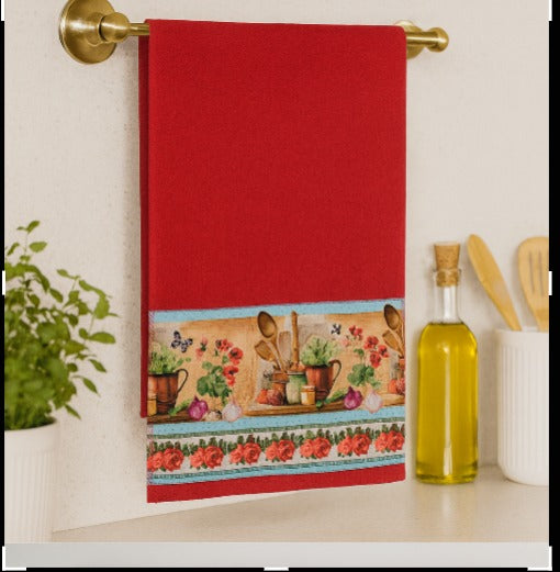 Pano de Prato 100% Algodão Vermelho Barra de Utensílios Cozinha Vintage –Kit 3 Panos (70x40 cm) - Doca Express
