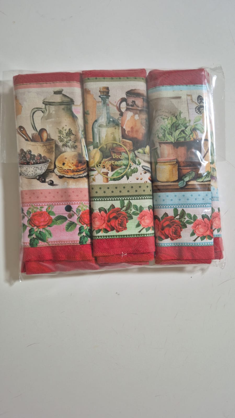 Pano de Prato 100% Algodão Vermelho Barra de Utensílios Cozinha Vintage –Kit 3 Panos (70x40 cm) - Doca Express