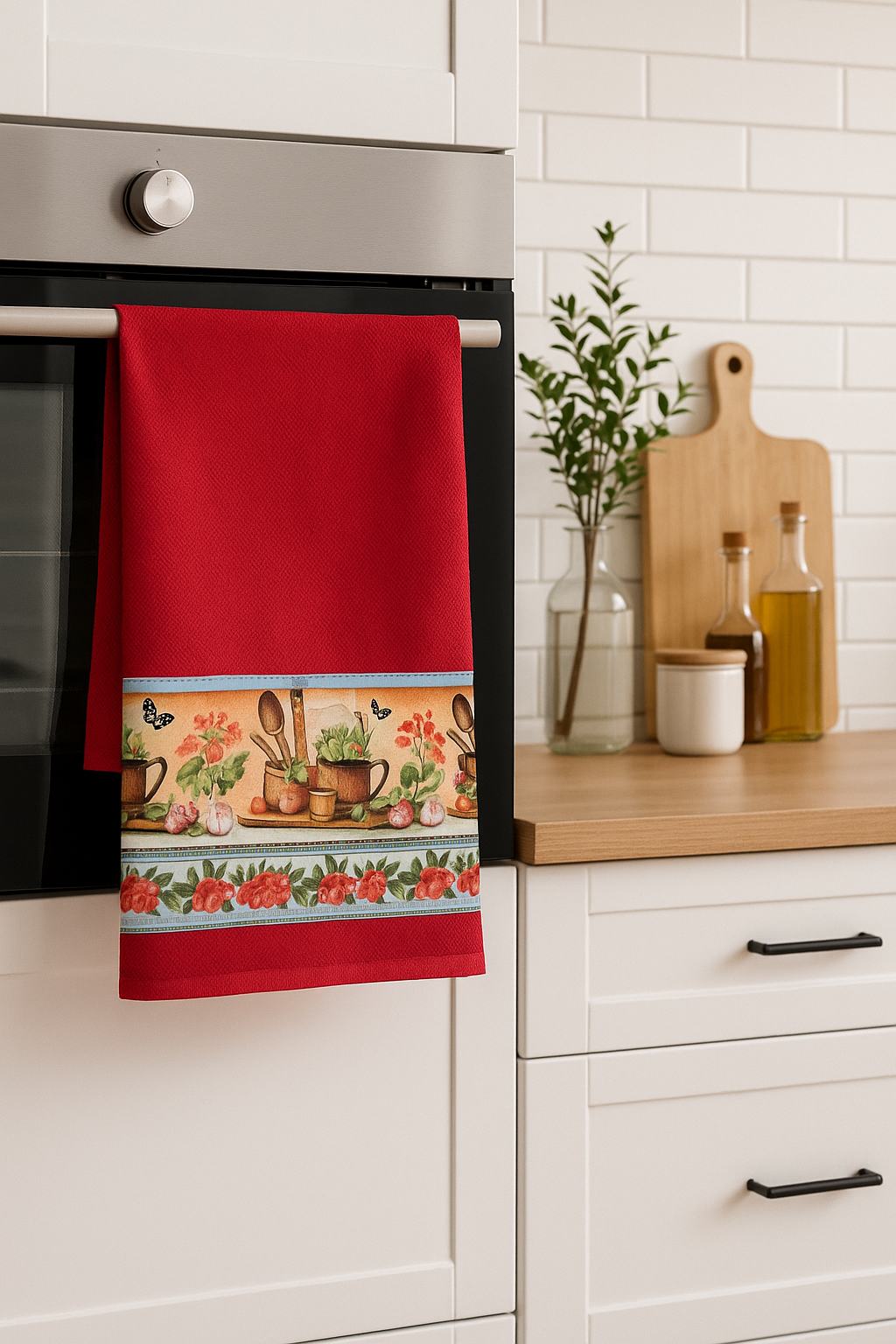 Pano de Prato 100% Algodão Vermelho Barra de Utensílios Cozinha Vintage –Kit 3 Panos (70x40 cm) - Doca Express