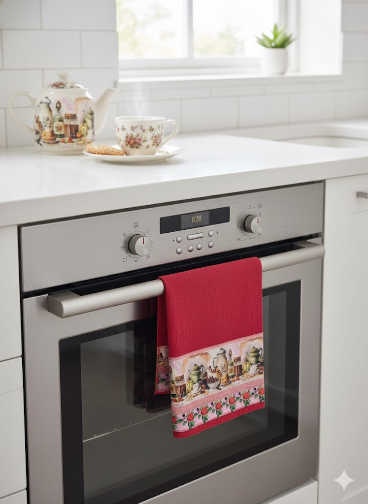 Pano de Prato 100% Algodão Vermelho Barra de Utensílios Cozinha Vintage –Kit 3 Panos (70x40 cm) - Doca Express