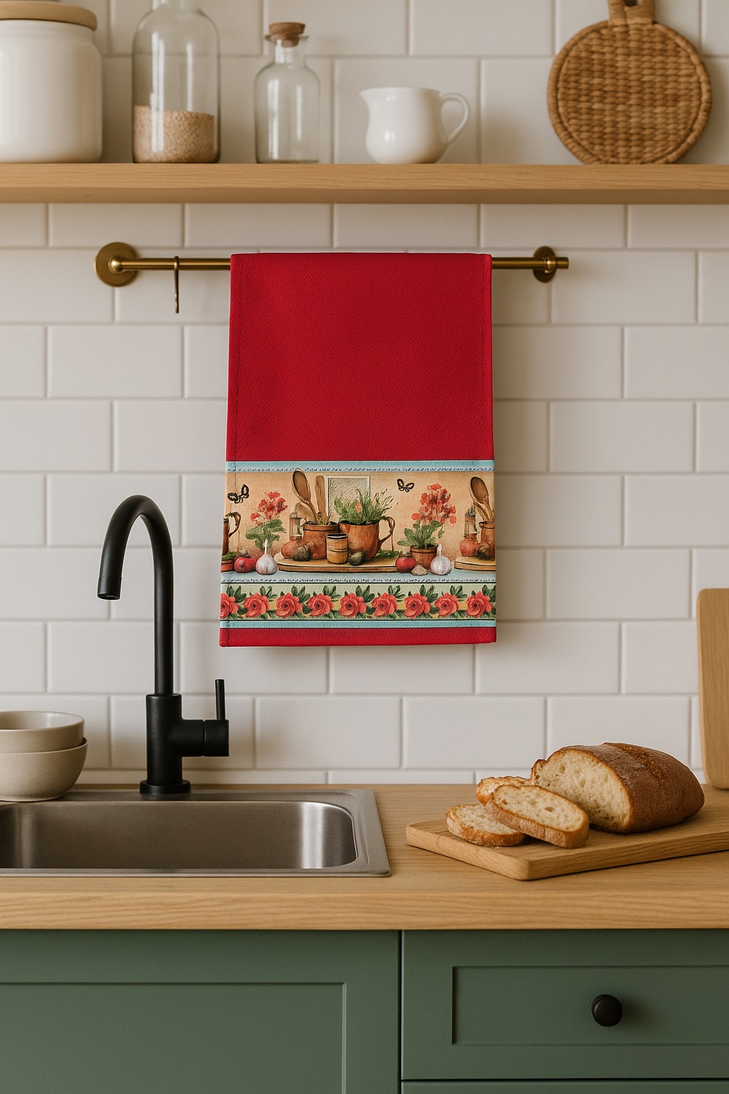 Pano de Prato 100% Algodão Vermelho Barra de Utensílios Cozinha Vintage –Kit 3 Panos (70x40 cm) - Doca Express