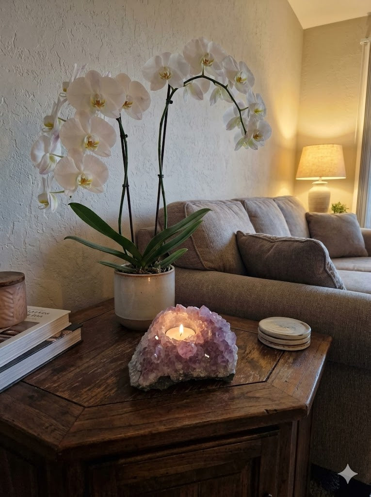 Porta-Vela de Ametista Bruta Natural – 1,49 kg – Cristais Autênticos, Energia e Decoração Zen – Peça Única Polida à Mão – Doca Express