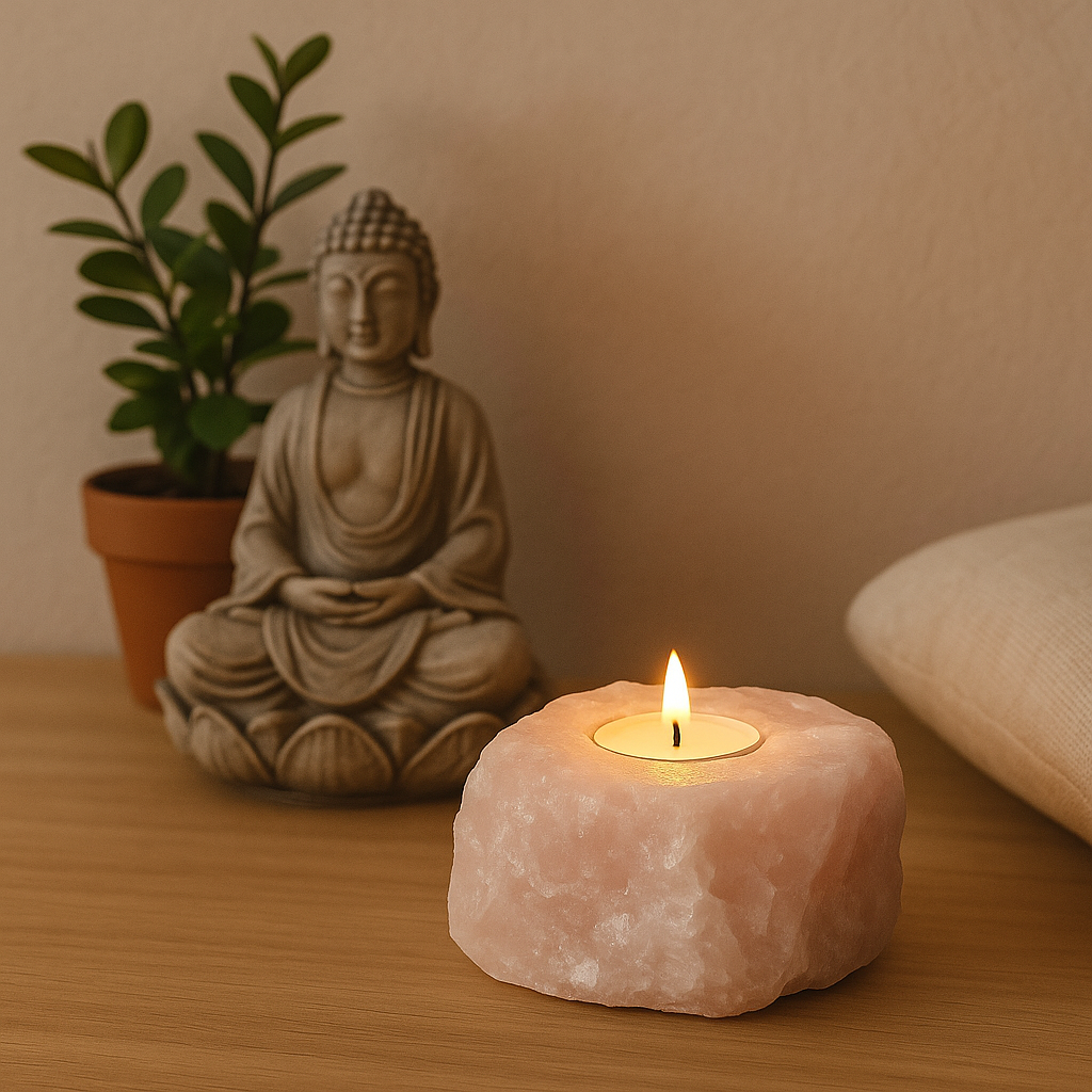 Porta-Velas em Quartzo Rosa Natural – Peça Bruta Lapidada | 1,48 kg | Decoração Zen, Amor, Harmonia e Bem-Estar | Pedra Autêntica – Doca Express