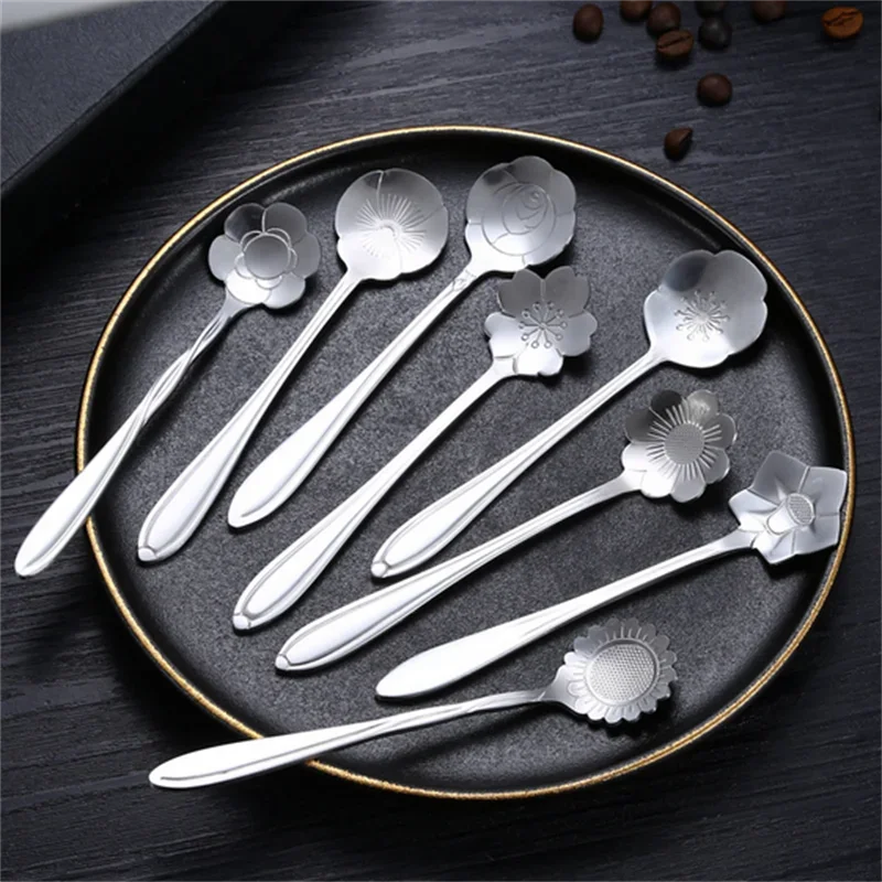 8 peças de aço inoxidável flor de cereja rosa colher de café colher de ouro presentes cozinha sobremesa chá acessórios talheres conjunto de decoração
