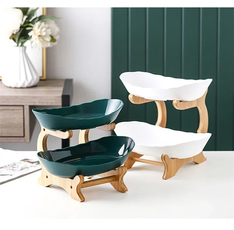 2/3 Layer Table Plates Dinnerware Wooden Kitchen Fruit Bowl with Floors Partitioned Dish Candy Cake Trays Fruit Plate Salad Bowl