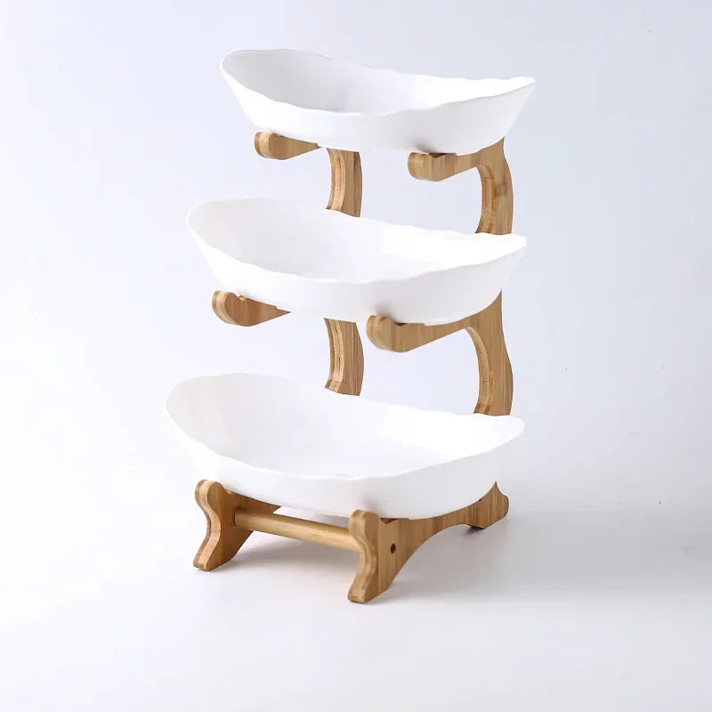 2/3 Layer Table Plates Dinnerware Wooden Kitchen Fruit Bowl with Floors Partitioned Dish Candy Cake Trays Fruit Plate Salad Bowl