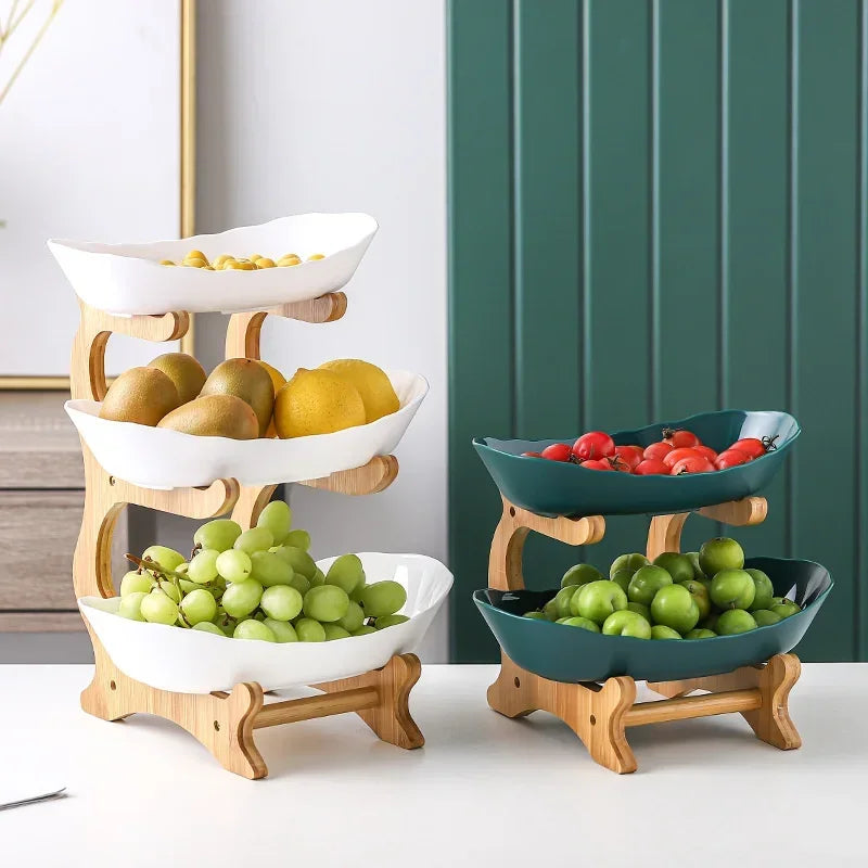 2/3 Layer Table Plates Dinnerware Wooden Kitchen Fruit Bowl with Floors Partitioned Dish Candy Cake Trays Fruit Plate Salad Bowl