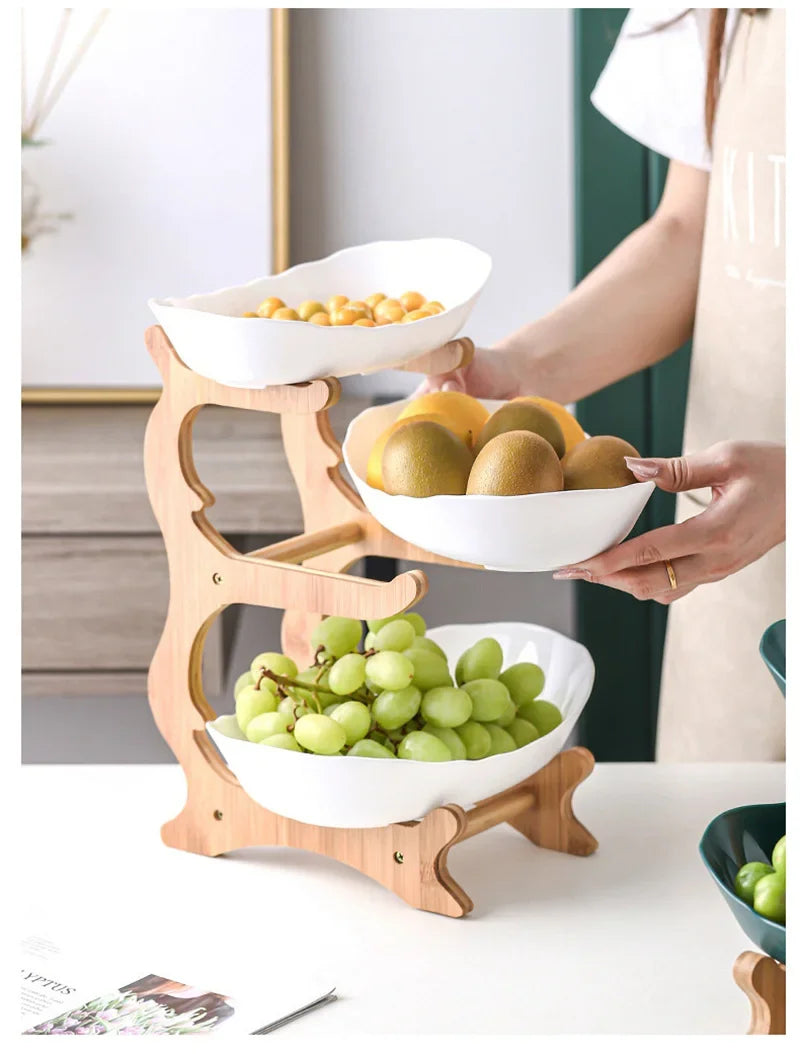 2/3 Layer Table Plates Dinnerware Wooden Kitchen Fruit Bowl with Floors Partitioned Dish Candy Cake Trays Fruit Plate Salad Bowl