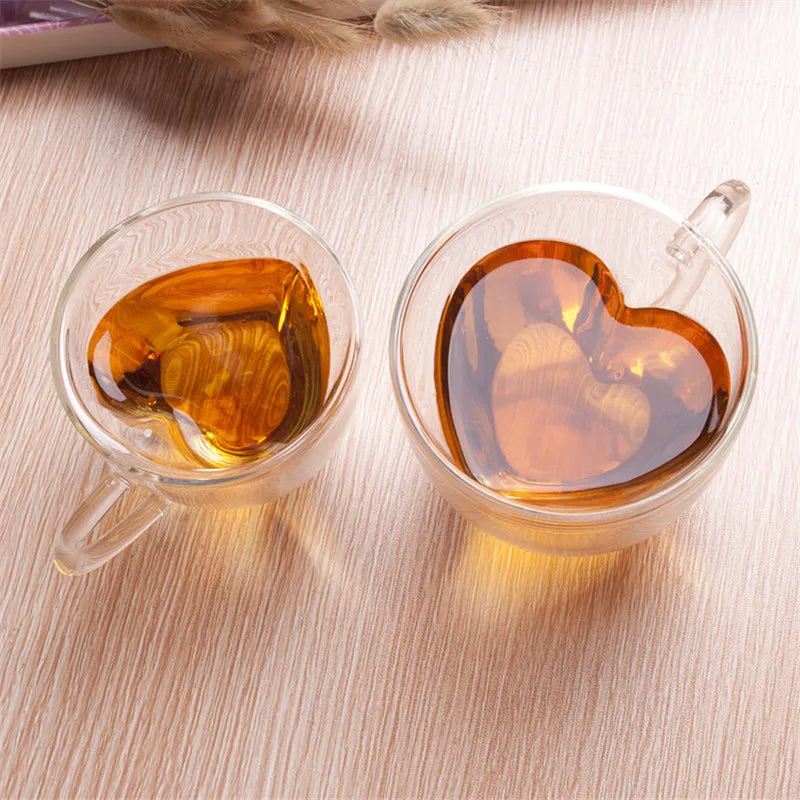Heart Love Shaped Glass Mug Couple Cups Double Glass Cup Heat-Resisting Wine Glasses Tea Mugs Milk Espresso Coffee Cup Drinkware
