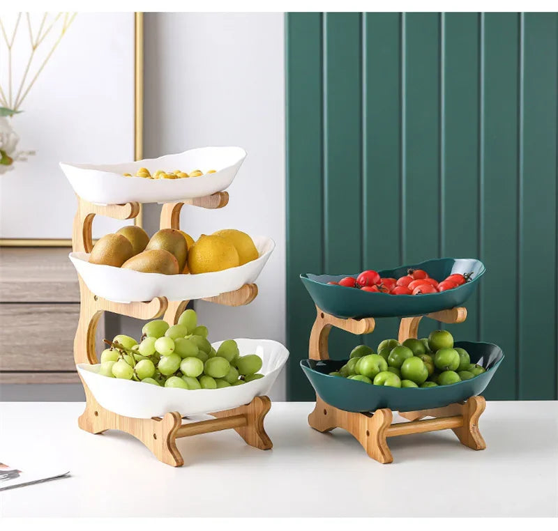 2/3 Layer Table Plates Dinnerware Wooden Kitchen Fruit Bowl with Floors Partitioned Dish Candy Cake Trays Fruit Plate Salad Bowl