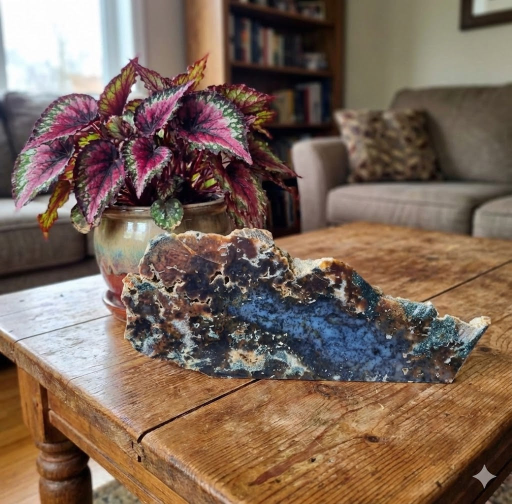 Ágata Musgo Natural – Fatia Bruta Polida Grande | Peça de 1,4 kg | Decoração Mineral, Mesa, Escritório e Espaços Zen | Pedra Autêntica para Energização e Harmonização -Doca Express