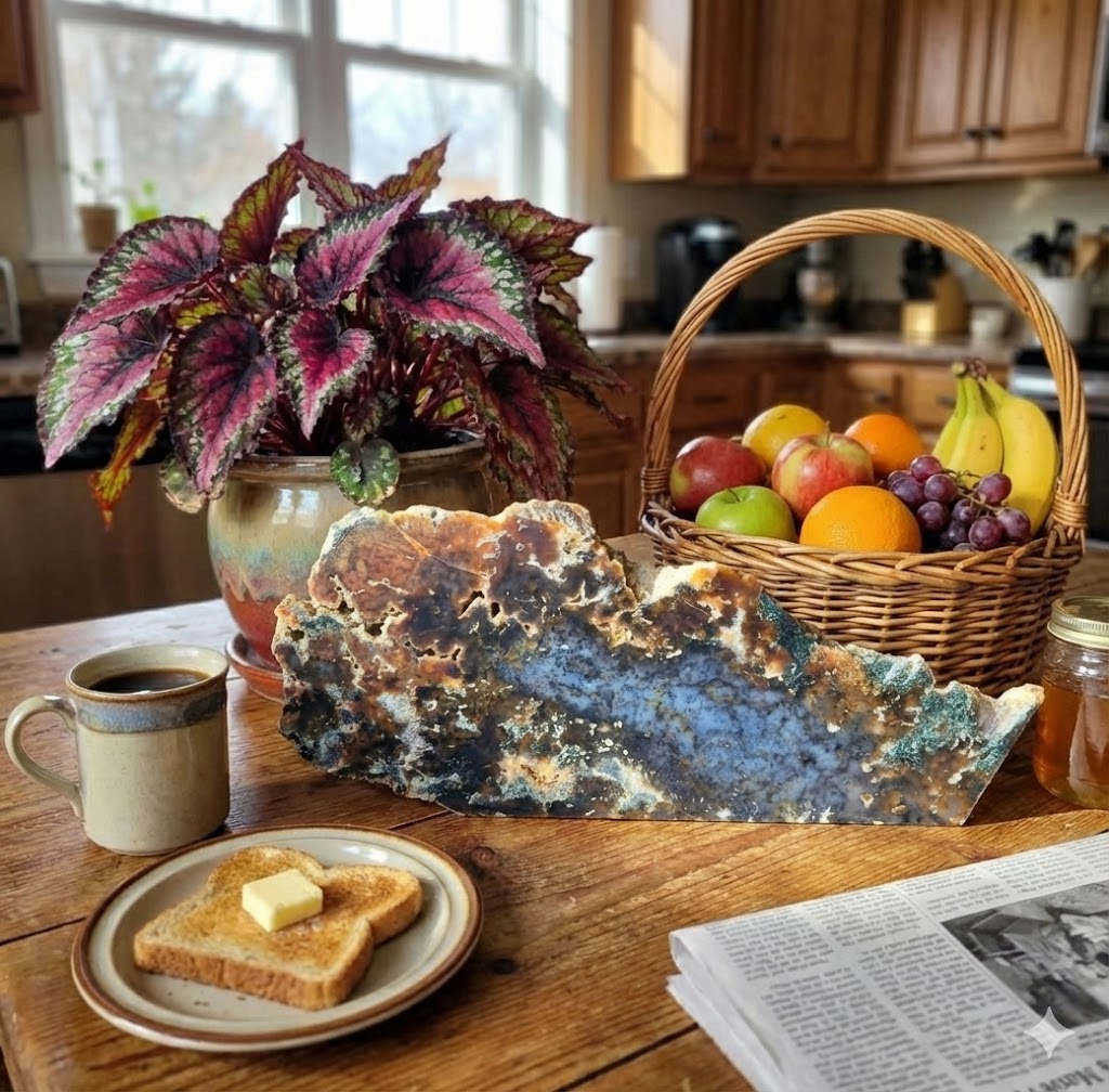 Ágata Musgo Natural – Fatia Bruta Polida Grande | Peça de 1,4 kg | Decoração Mineral, Mesa, Escritório e Espaços Zen | Pedra Autêntica para Energização e Harmonização -Doca Express