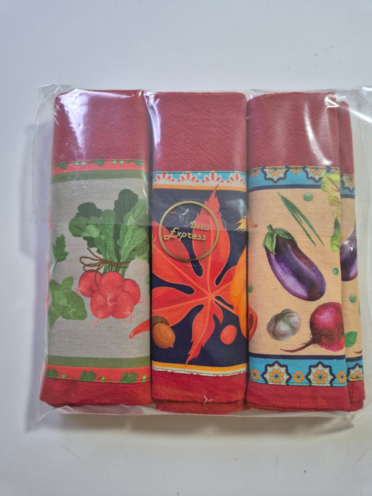 Kits de 3 Panos de Prato, 100% Algodão Vermelho Barrado de Verduras e Legumes, 70X40 cm - Doca Express