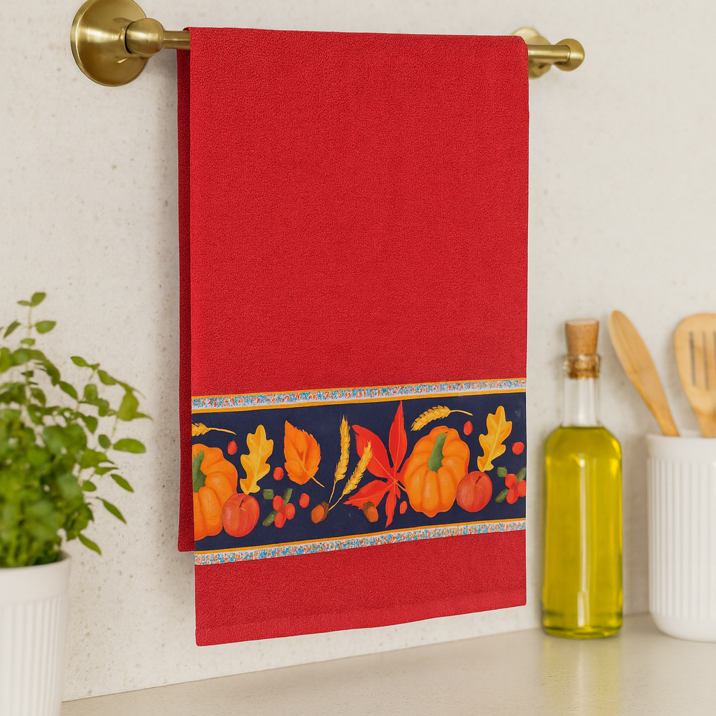 Kits de 3 Panos de Prato, 100% Algodão Vermelho Barrado de Verduras e Legumes, 70X40 cm - Doca Express