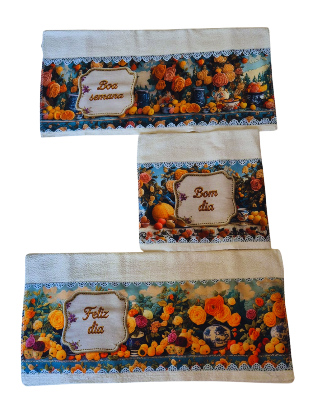 Kit 3 Panos de Prato – Frases Bom Dia - Boa Semana - Feliz Dia - 100%Algodão - Coloridos - Cozinha Gourmet - Doca Express