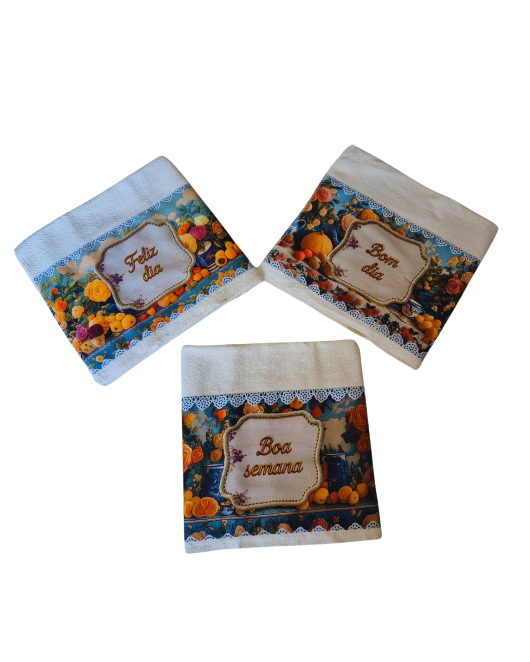 Kit 3 Panos de Prato – Frases Bom Dia - Boa Semana - Feliz Dia - 100%Algodão - Coloridos - Cozinha Gourmet - Doca Express