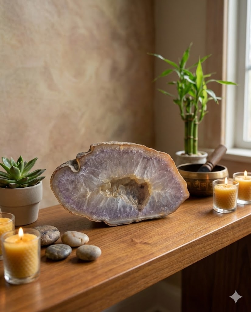 Geodo de Ágata Roxa Natural – Peça Única de 884 g | Cristal com Núcleo Geodado para Decoração, Energia e Harmonização | Ideal para Sala, Escritório e Espaços Zen - Doca Express