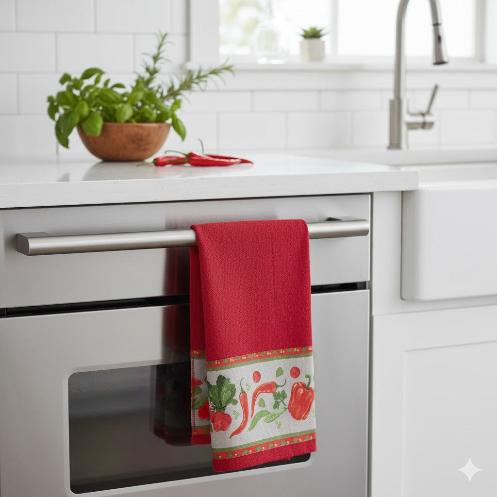 Kits de 3 Panos de Prato, 100% Algodão Vermelho Barrado de Verduras e Legumes, 70X40 cm - Doca Express