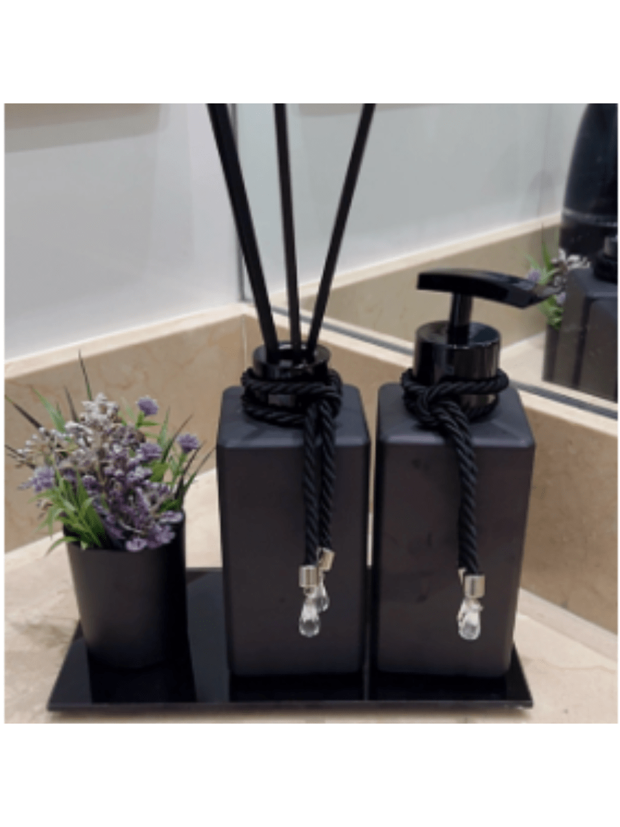 Kit Lavabo Decorativo Vidro Preto Paris com Bandeja e Difusor 250ml