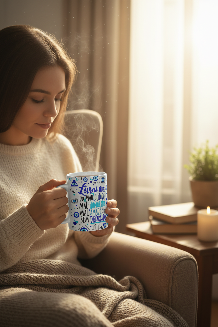 Caneca de Porcelana 325ml Olho Grego – Estampa Vibrante, Proteção Espiritual e Energia Positiva - Doca Express