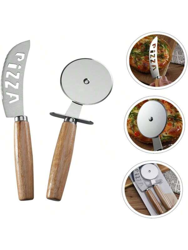 Kits Cortador de Pizza em Aço Inox com Cabo de Madeira + Faca Serrilhada Profissional -2 Peças - Doca Express Cozinha