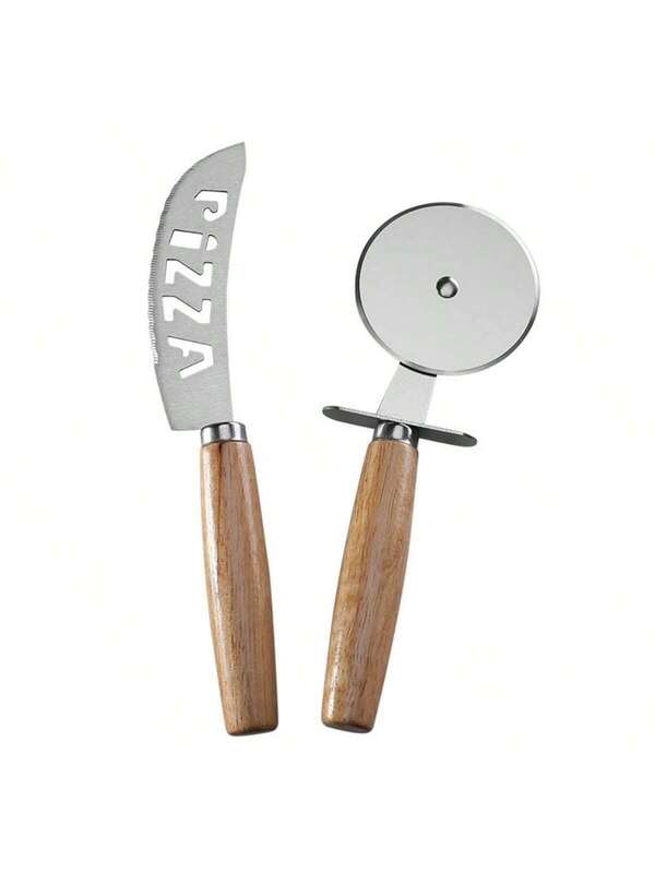 Kits Cortador de Pizza em Aço Inox com Cabo de Madeira + Faca Serrilhada Profissional -2 Peças - Doca Express Cozinha