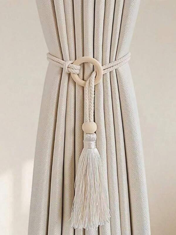 Suporte de Cortina com Borla e Argola de Madeira – Prendedor Decorativo Nórdico em Corda Poliéster | Cinza ou Bege - Doca Express Decoração