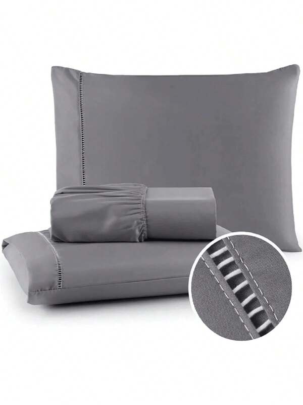 Jogo de Lençol Micropercal 400 Fios Ponto Palito Cinza | Solteiro, Casal, Queen e King