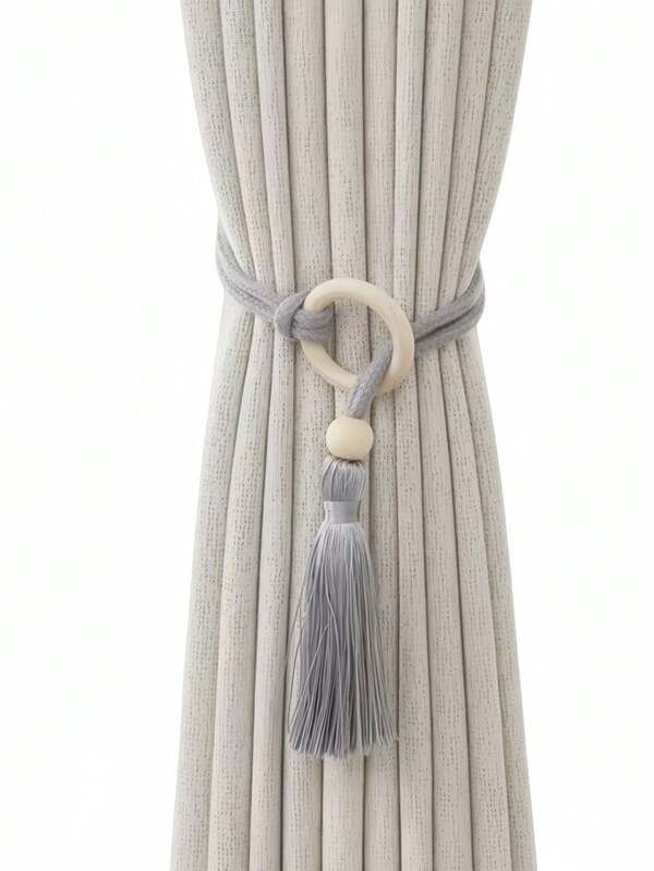 Suporte de Cortina com Borla e Argola de Madeira – Prendedor Decorativo Nórdico em Corda Poliéster | Cinza ou Bege - Doca Express Decoração