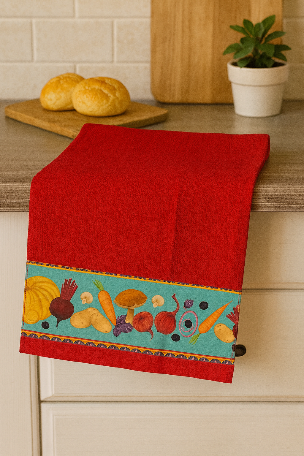 Kits de 3 Panos de Prato, 100% Algodão Vermelho Barrado de Verduras e Legumes, 70X40 cm - Doca Express