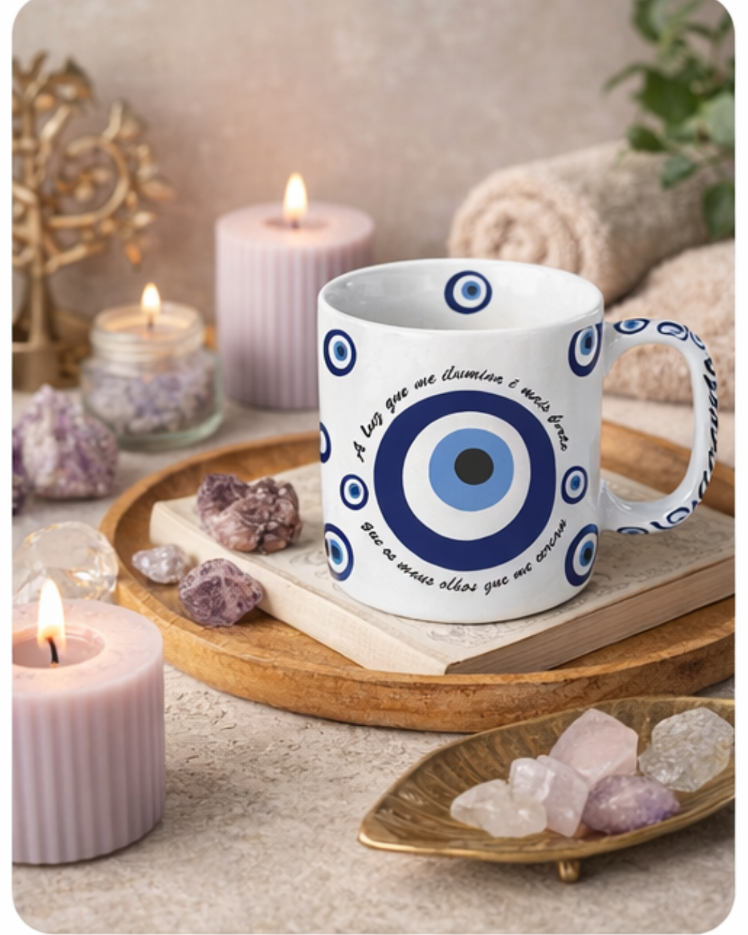 Caneca Bella 300ml Olho Grego em Cerâmica Decorativa – Proteção, Energia Positiva e Estilo - Doca Express