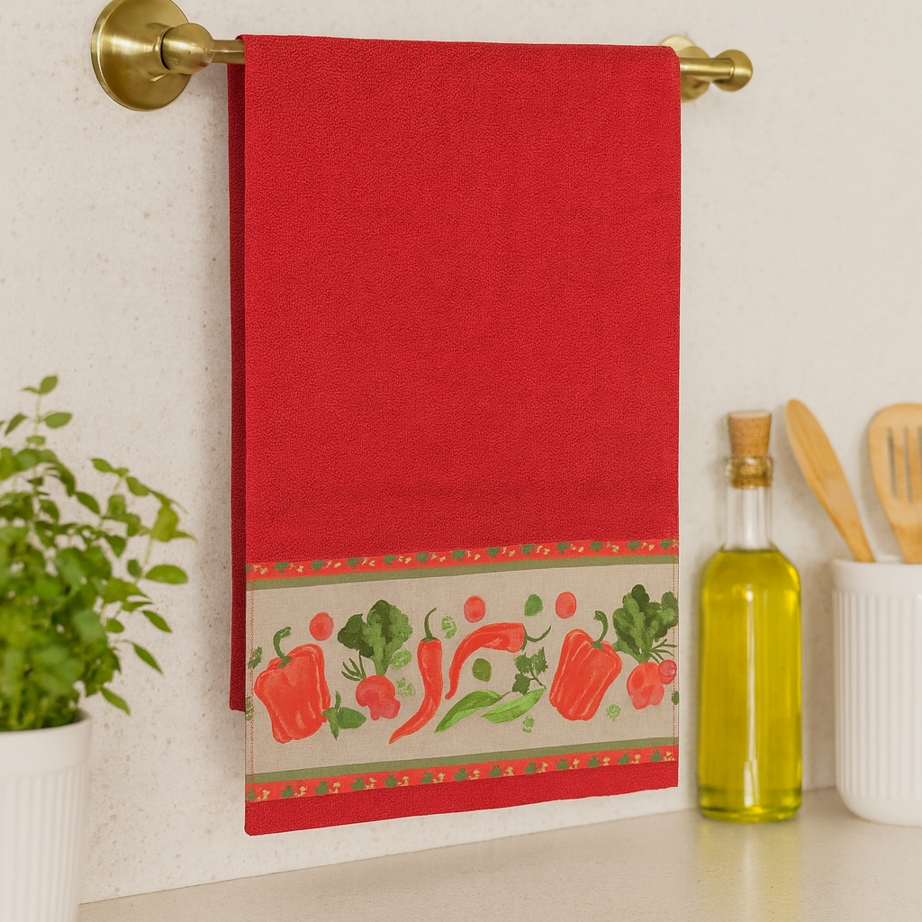 Kits de 3 Panos de Prato, 100% Algodão Vermelho Barrado de Verduras e Legumes, 70X40 cm - Doca Express