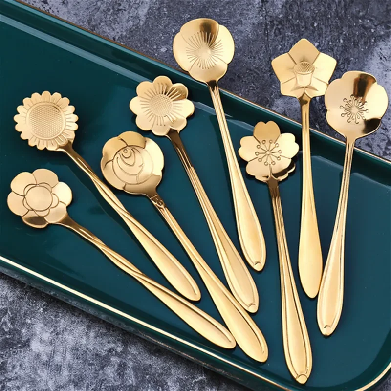 8 peças de aço inoxidável flor de cereja rosa colher de café colher de ouro presentes cozinha sobremesa chá acessórios talheres conjunto de decoração