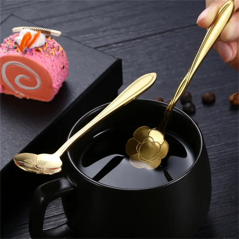 8 peças de aço inoxidável flor de cereja rosa colher de café colher de ouro presentes cozinha sobremesa chá acessórios talheres conjunto de decoração