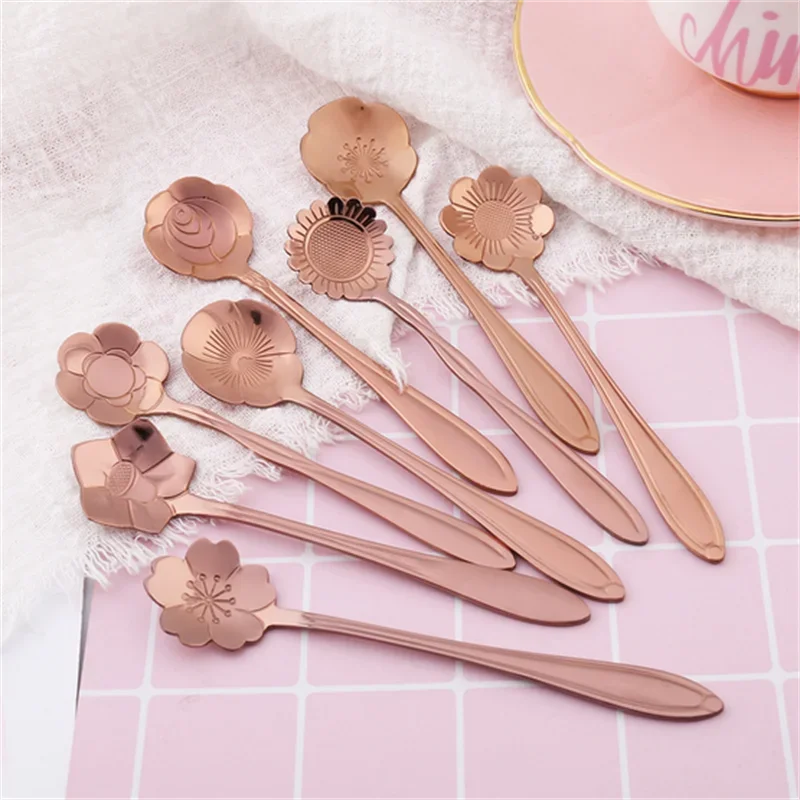 8 peças de aço inoxidável flor de cereja rosa colher de café colher de ouro presentes cozinha sobremesa chá acessórios talheres conjunto de decoração