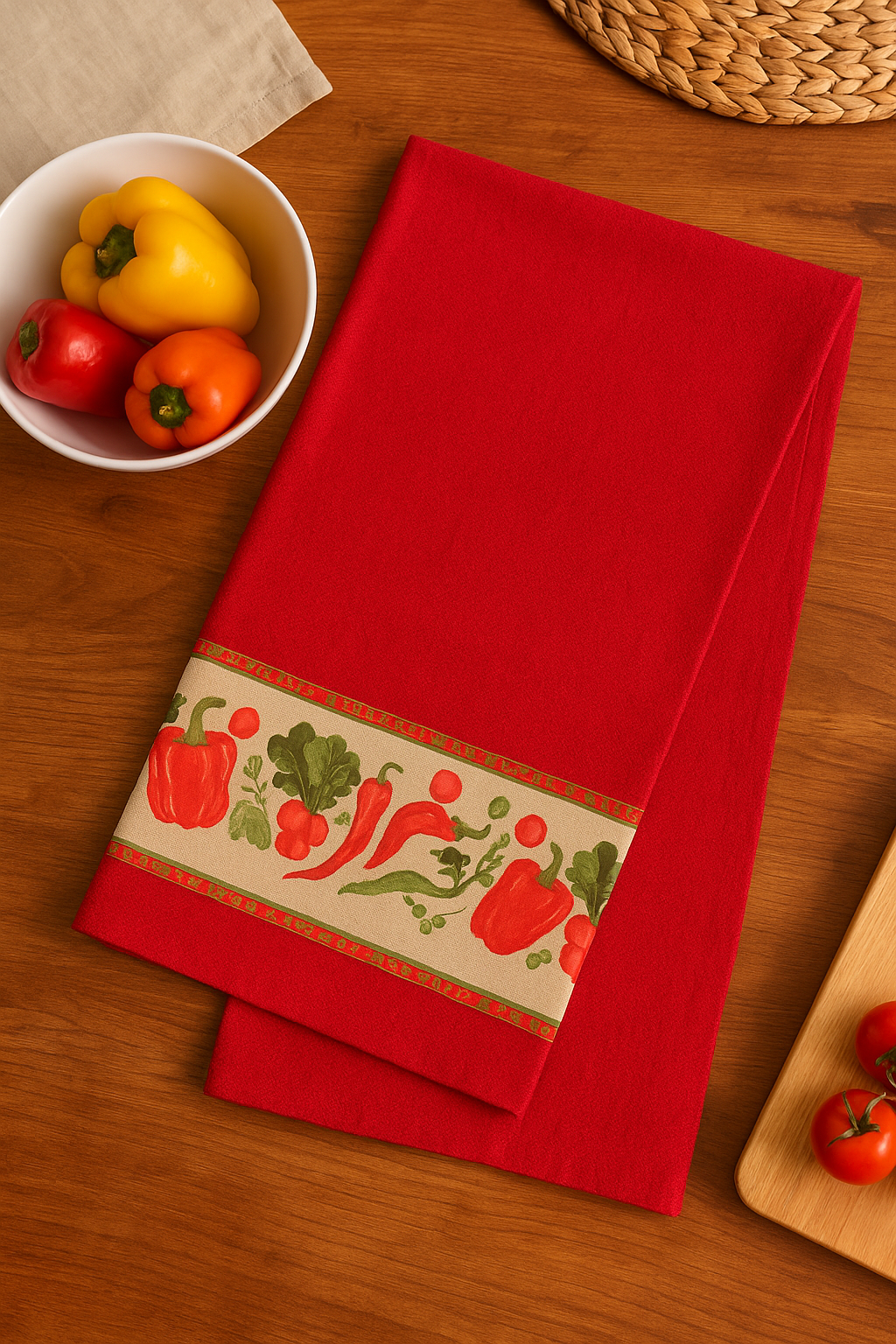 Kits de 3 Panos de Prato, 100% Algodão Vermelho Barrado de Verduras e Legumes, 70X40 cm - Doca Express