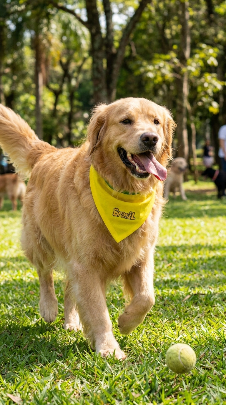 Bandana Pet Brasil Amarela Bordada Modelo Brasil Fun – Tamanhos P, M e G | Doca Express